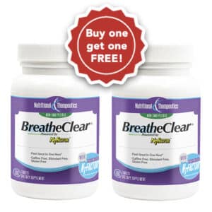 Two bottles of BreatheClear with NTFactor® with a red banner that reads "Buy one get one FREE!"