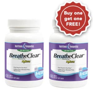 Two bottles of BreatheClear with NTFactor® with a red banner that reads "Buy one get one FREE!"