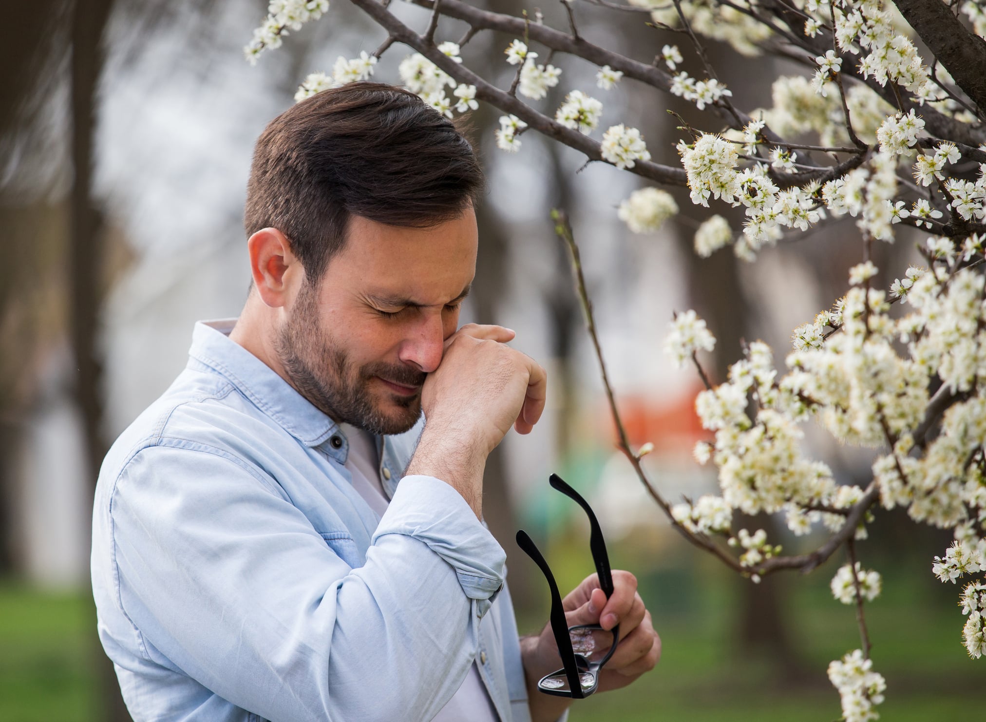 Young man having allergy symptoms beside blooming tree in spring time